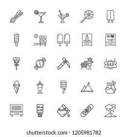 Collection of 25 ice outline icons include icons such as martini, tongs, candy, ice ax, snowboard, mountain, ice cream, cocktail, popsicle, bar, lollipop, lemonade, bucket