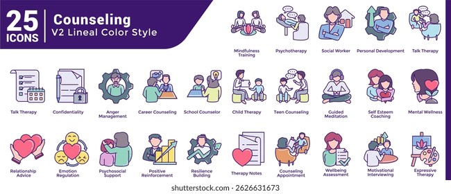 Uma coleção de 25 ícones com um tema de Aconselhamento Lineal Color style.