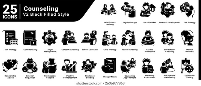 A collection of 25 icons with a Counseling theme Black Filled style.
