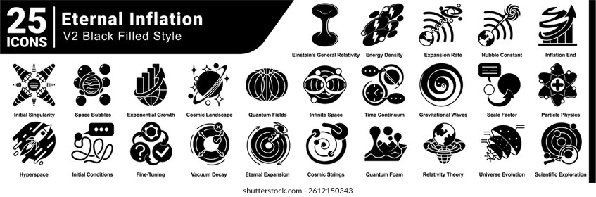 A collection of 25 icons with a Eternal Inflation theme Black Filled style.