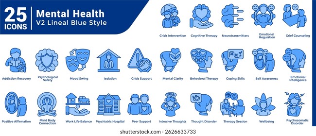 A collection of 25 icons with a Mental Health theme Blue style.