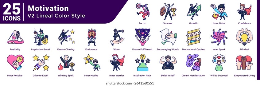 A collection of 25 icons with a Motivation theme Lineal Color style.