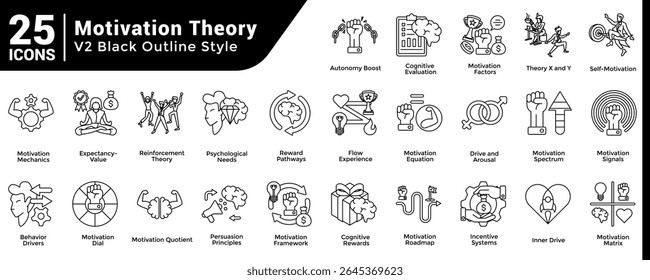 Uma coleção de 25 ícones com um tema de Teoria da Motivação Estilo de linha.