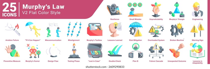 A collection of 25 icons with a Murphy Law theme Flat style.