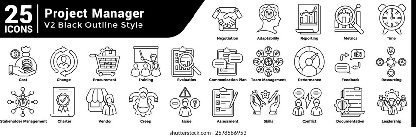 A collection of 25 icons with a Project Manager theme Line style.