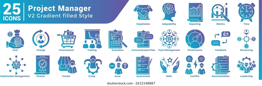 A collection of 25 icons with a Project Manager theme Gradient Fill style.