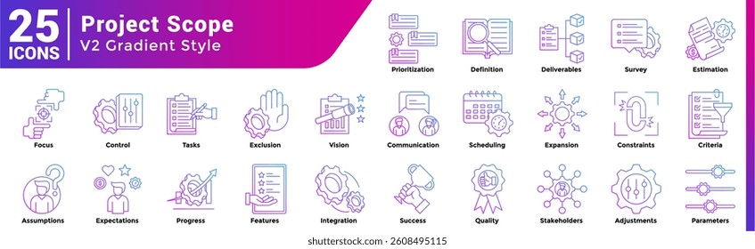 A collection of 25 icons with a Project Scope theme Flat style.