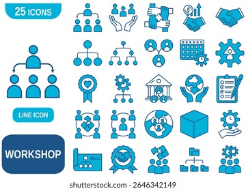 A collection of 25 icons related to workshops, teamwork, collaboration, organization, business, and leadership.
