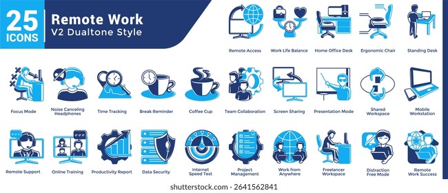 A collection of 25 icons with a Remote Work theme Dualtone style.