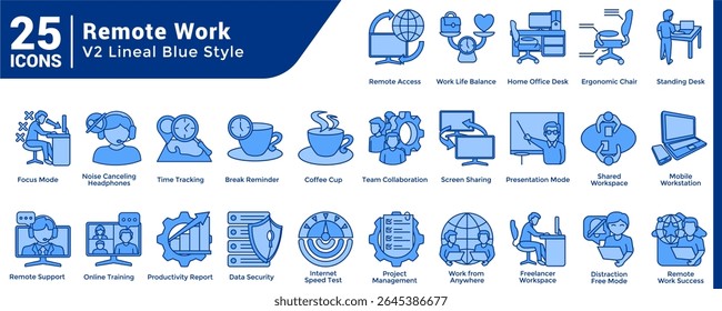 A collection of 25 icons with a Remote Work theme Blue style.