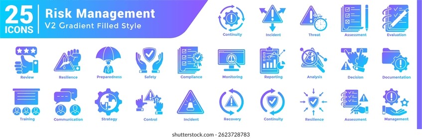 A collection of 25 icons with a Risk Management theme gradient style.