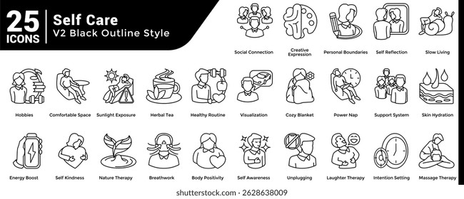 A collection of 25 icons with a Self Care theme Line style.