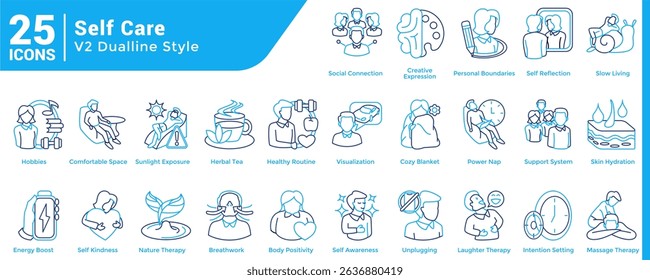 A collection of 25 icons with a Self Care theme Dual Line style.