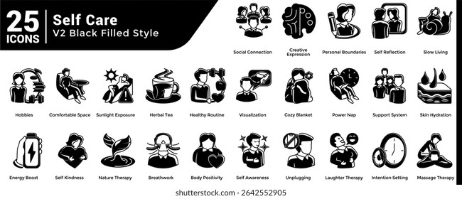 A collection of 25 icons with a Self Care theme Black Filled style.