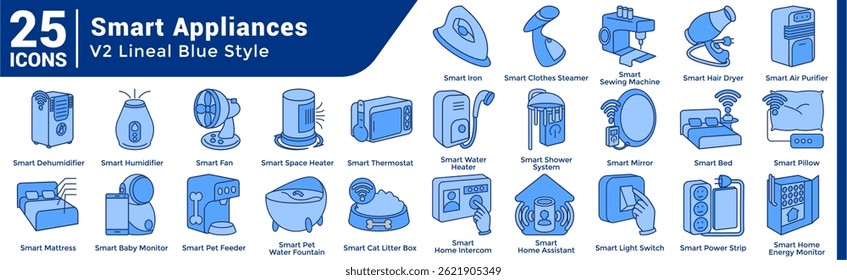 Uma coleção de 25 ícones com um tema de Smart Appliances estilo Azul.