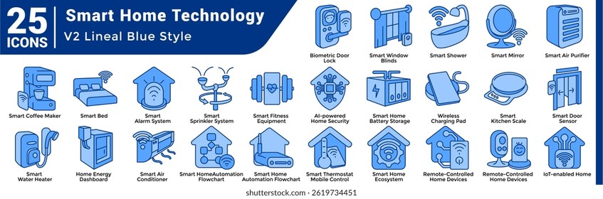 A collection of 25 icons with a Smart Home Technology theme Blue style.