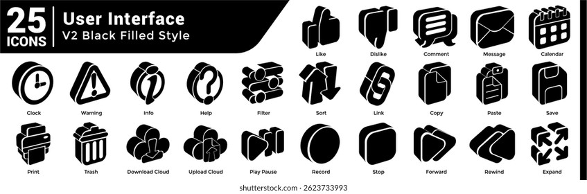A collection of 25 icons with a User Interface theme Black Filled style.
