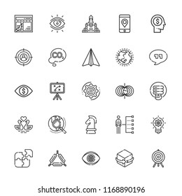 Collection of 25 idea outline icons include icons such as idea, rocket launch, paper airplane, triangle, target, cogwheel, head, vision, phone, d, swans, light bulb