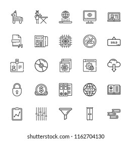 Collection of 25 information outline icons include icons such as binder, investment, laptop, padlock, cpu, browser, ironing service, no smoking, cabinet, id card, funnel, cd