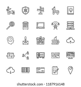 Collection of 25 information outline icons include icons such as exclamation, post, cloud computing, magnifier, piata, notes, browser, server, website, computer, location