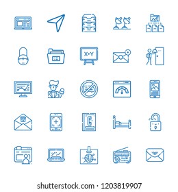 Collection of 25 information outline icons include icons such as room service, browser, folder, cursor, tablet, laptop, email, line chart, board, bed, archive, satellite dish