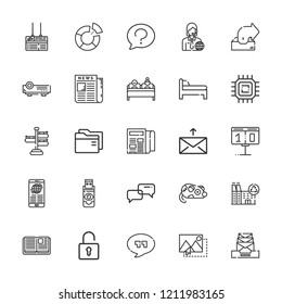 Collection of 25 information outline icons include icons such as question, double bed, cpu, folder, mail, padlock, recycling center, flash disk, scoreboard, open book