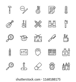 Collection of 25 instrument outline icons include icons such as hammer, pencil, thermometer, dropper, drum, alarm clock, loupe, speedometer, search, pen, violin, pipette
