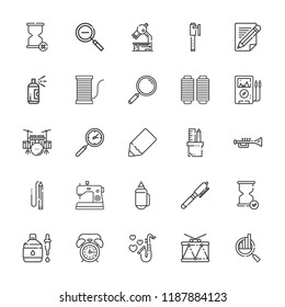 Collection of 25 instrument outline icons include icons such as voltmeter, dropper, drum, trumpet, loupe, search, pencil, pen, hourglass, pencil case, drum set, zoom out