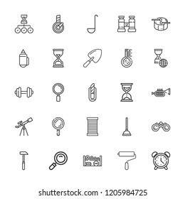 Collection of 25 instrument outline icons include icons such as hammer, weight, plunger, loupe, hourglass, speedometer, ladle, drum, thermometer, telescope, binocular
