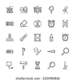Collection of 25 instrument outline icons include icons such as alarm clock, loupe, stethoscope, eraser, pencil, horn, hourglass, pen, flute, drum, telescope, accordion