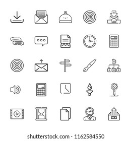 Collection of 25 interface outline icons include icons such as chat, email, filter, bell, upload, download, file, video player, message, clock, sitemap, dart board, hourglass