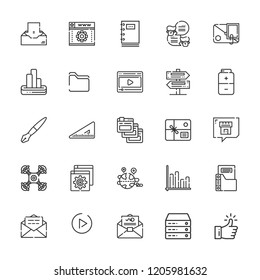 Collection of 25 interface outline icons include icons such as parcel, browser, server, like, video, bar chart, browsers, folders, play button, set square, fountain pen