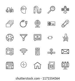Collection of 25 internet outline icons include icons such as store, search, shopping cart, truck, tube, funnel, video player, billboard, envelope, satellite, home, newspaper