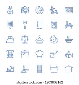 Collection of 25 kitchen outline icons include icons such as kettle, towel, cookies, burner, mixer, spatula, hot pot, coffee pot, barbecue grill, chef hat, cookie, fridge