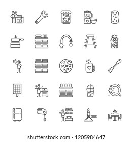 Collection of 25 kitchen outline icons include icons such as mixer, sponge, waitress, cookies, spatula, burner, blender, pan, sink, barbecue grill, mug, bottle opener