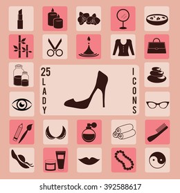 Collection of 25 ladies, beauty, cosmetics icon set. Vector art.