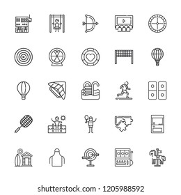 Collection of 25 leisure outline icons include icons such as casino chip, roulette, playground, pool, tennis court, swimming pool, badminton, dart board, skydiving