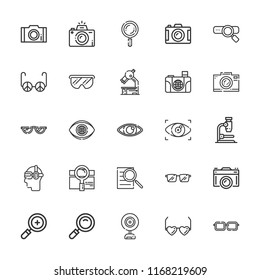 Collection of 25 lens outline icons include icons such as loupe, sunglasses, photo camera, glasses, zoom in, search, vision, microscope, camera, ar glasses, webcam, eyeglasses