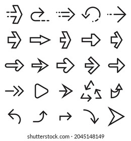 Collection of 25 Line Arrow Icons. Black Symbols Isolated on a White Background. Vector Illustration. Editable Stroke
