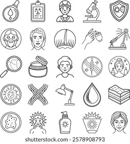 A collection of 25 line icons depicting skincare, cosmetic procedures, dermatology tools, UV protection, and related concepts. Simple, clean style.