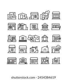 Collection of 25 line and vector cabins. Walk on the island of Yeu in Vendée. Beach, Fishing, Surfing. Typical cabin. Built heritage. Home personalization. Architecture, construction.
