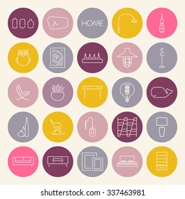 Collection of 25 linear icons of Interior elements.Round furniture stickers.Accessories,Furniture,Laps. Template for catalog,website, background.Loft style.Trendy colors.Vector.Isolated