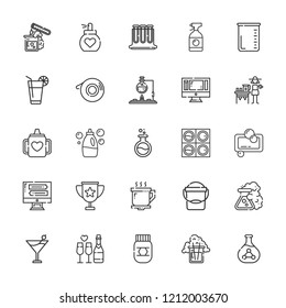 Collection of 25 liquid outline icons include icons such as flask, beaker, cup, baby mug, soft drink, margarita, monitor, coffee cup, perfume, test tubes, test tube, champagne