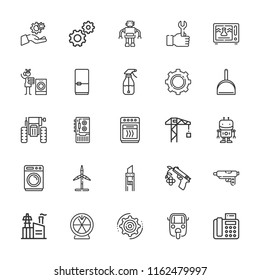 Collection of 25 machine outline icons include icons such as roulette, industry, settings, wrench, cleaner, dustpan, fridge, oven, washing machine, laundry, microwave, robot