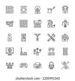 Collection of 25 machine outline icons include icons such as gambler, robot, settings, auto ricksaw, blender, printer, coffee pot, waffle iron, atm, crepe maker, candy machine