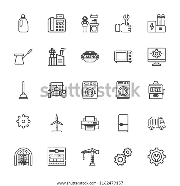 Collection of 25 machine outline\
icons include icons such as gambler, casino, industry, crane,\
wrench, cashier, washing machine, bleach, fridge, microwave oven,\
plunger