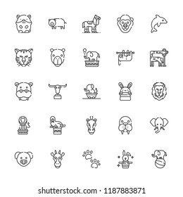 Collection of 25 mammal outline icons include icons such as horse, dolphin, hamster, pig, buffalo, bunny, elephant, giraffe, camel, tiger, lion, walrus, pawprints