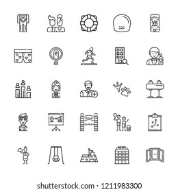 Collection of 25 man outline icons include icons such as waitress, swing, office, identification, diving suit, pommel horse, swimming, human resources, virtual reality, boxers