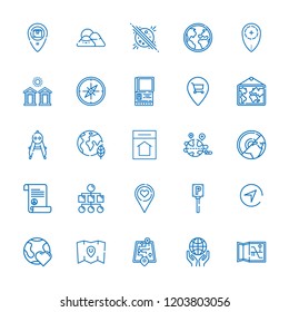 Collection of 25 map outline icons include icons such as pin, peace treaty, planet earth, compass, placeholder, earth, planet, sitemap, map, globe, parking, mountain