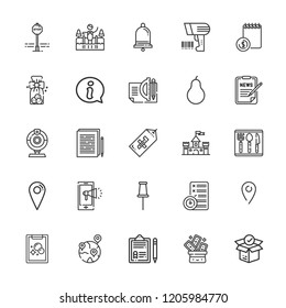 Collection of 25 mark outline icons include icons such as pin, plan, form, information, webcam, package, clipboard, documentation, pear, tag, location, cold water, cookies